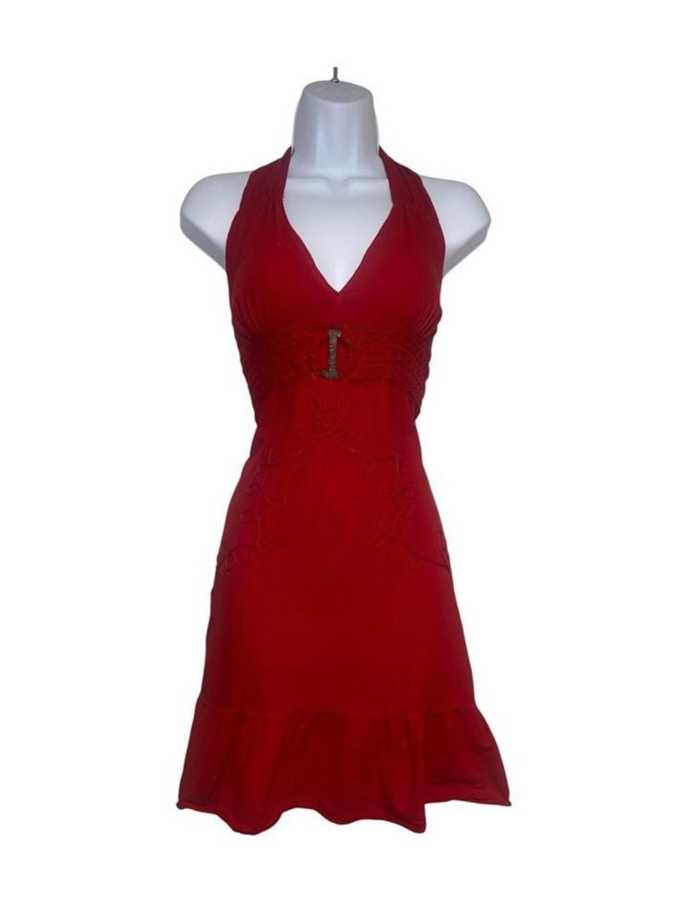 Y2k red embroidered boho halter mini dress
